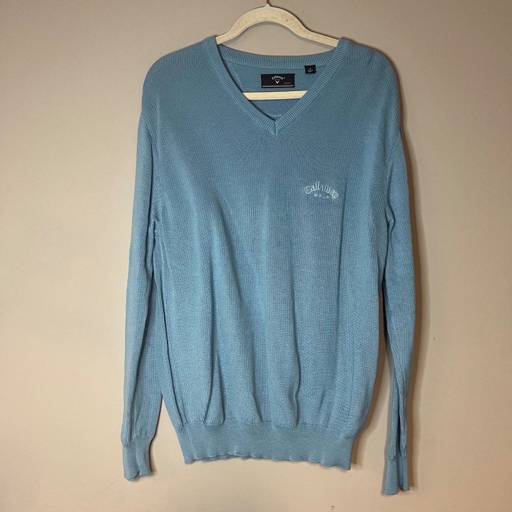 CALLAWAY Golf Sport Sweater Blue Ribbed Knit  Long Sleeve V Neck